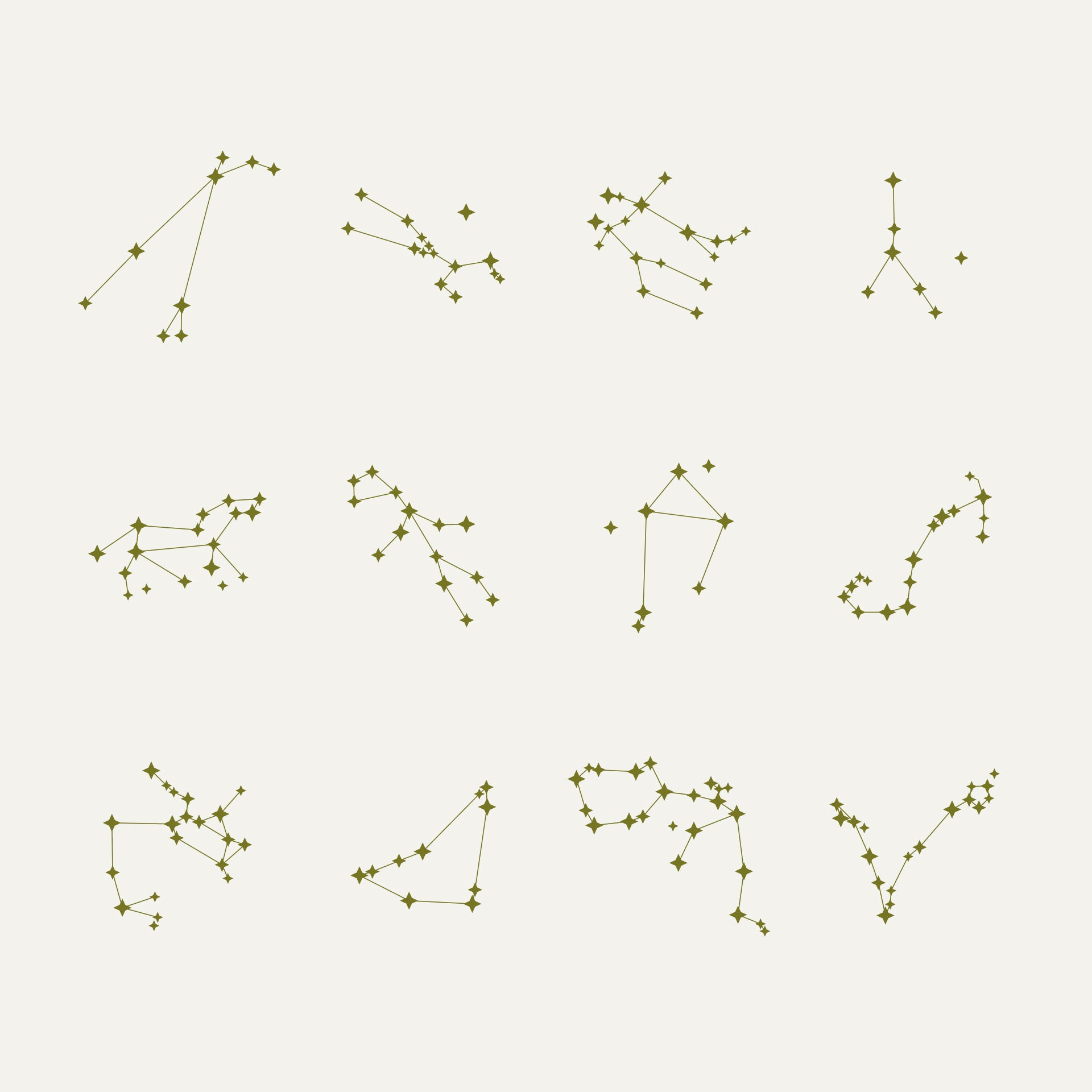 Collection of star sign constellations patterns for the Constellation Tee's embroidery, featuring twelve stylized designs based on the zodiac star signs. The signs are arranged in a 4-by-3, left-to-right grid layout, beginning with Aries in the top left corner.