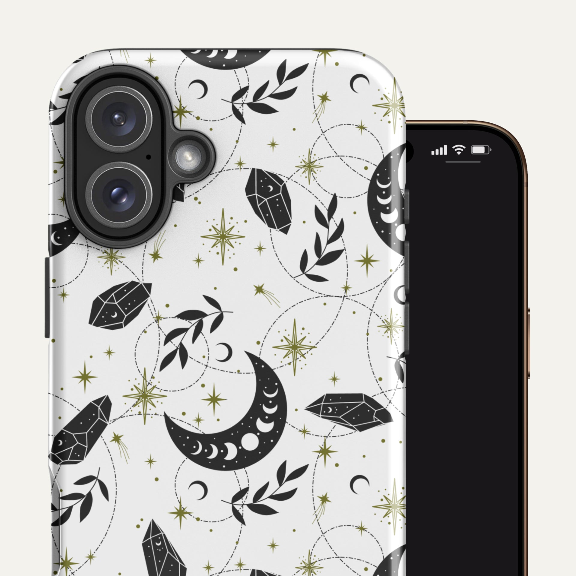 Back and front view of a phone in the Stargazer iPhone Case, showing the full celestial design with crescent moons, crystals, and stars in sharp detail on a white base.
